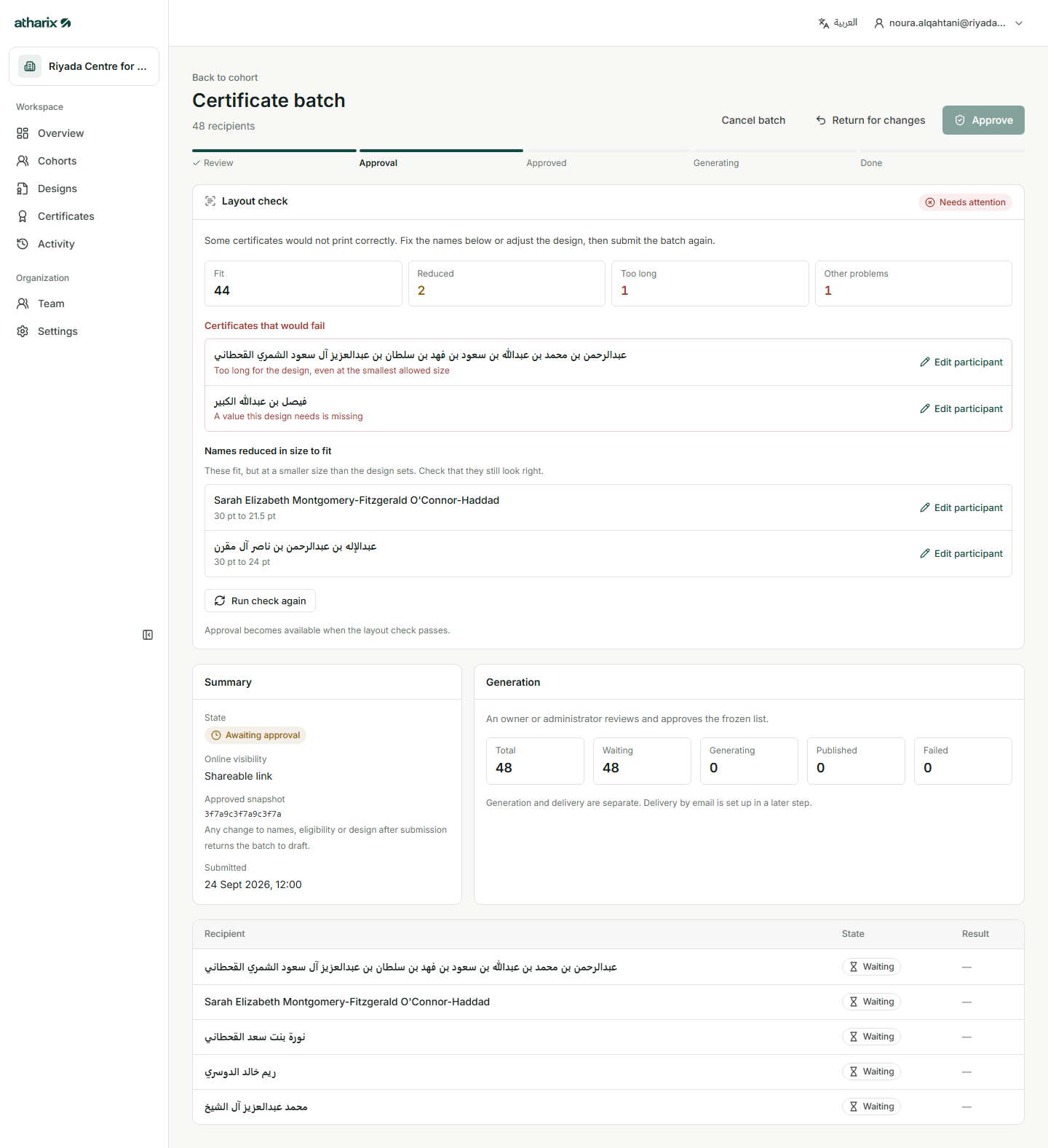 A batch waiting for approval with a layout check listing names that are too long